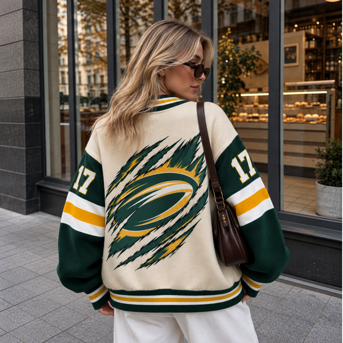 Custom Green Bay Varsity Football Game Day Knit Cardigan – Personalized Number