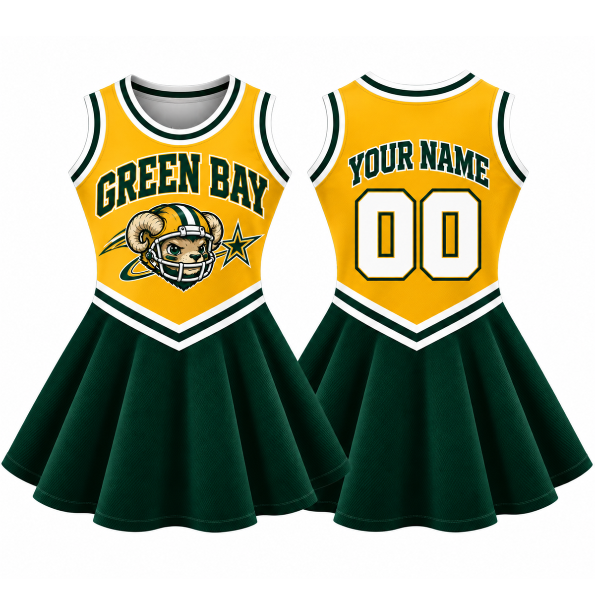 Green Bay-Inspired Kids Custom Football Cheer Dress – Personalized Name & Number