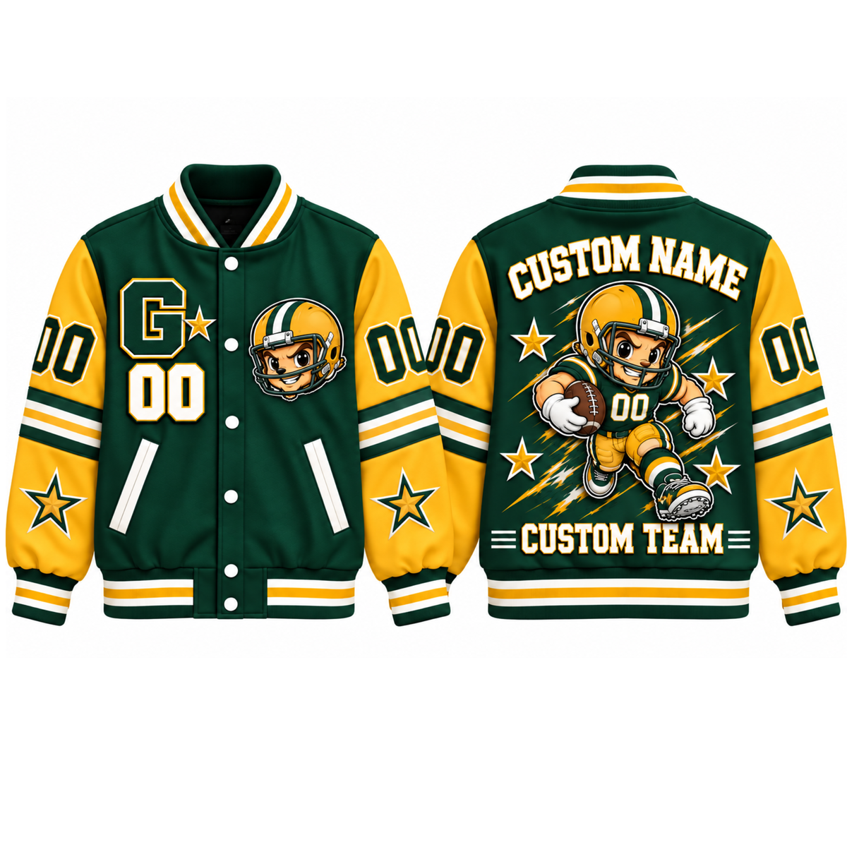 Green Bay-Inspired Kids Custom Football Varsity Jacket – Personalized Name & Number