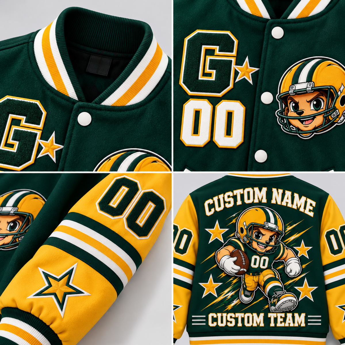 Green Bay-Inspired Kids Custom Football Varsity Jacket – Personalized Name & Number