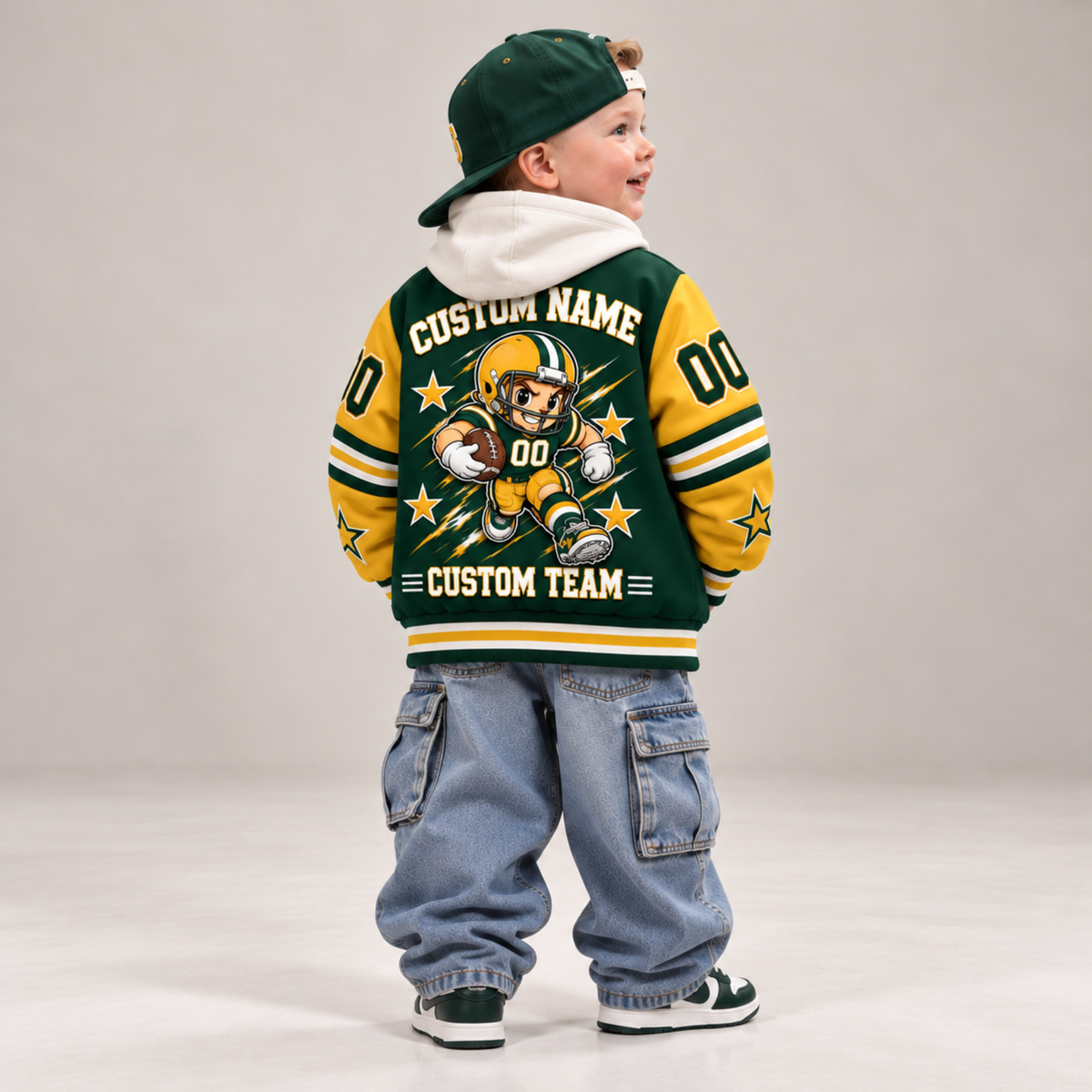 Green Bay-Inspired Kids Custom Football Varsity Jacket – Personalized Name & Number