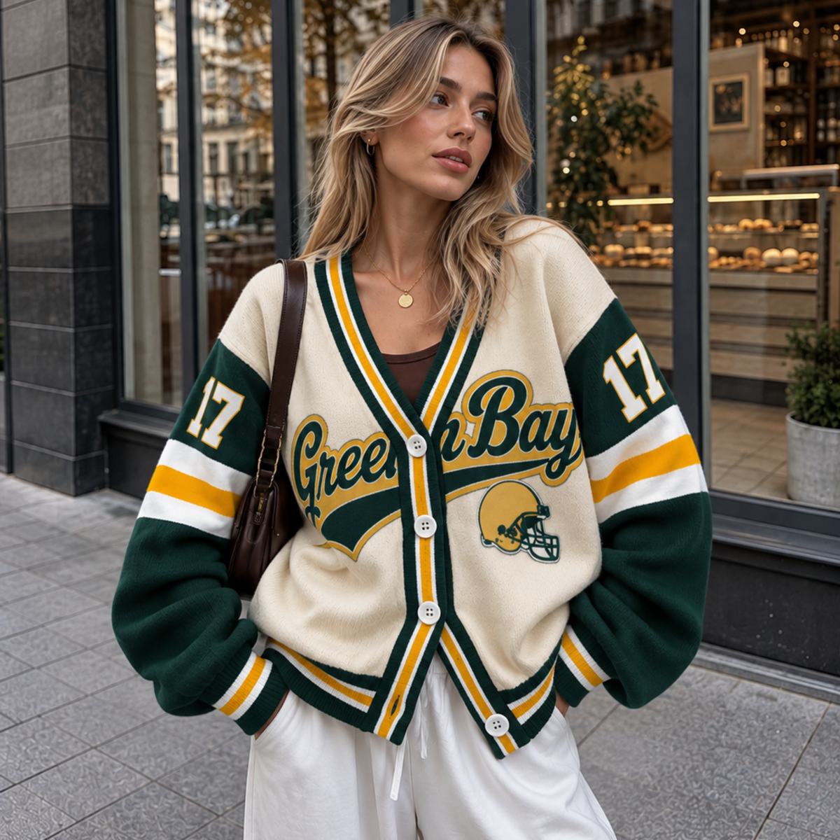 Custom Green Bay Varsity Football Game Day Knit Cardigan – Personalized Number