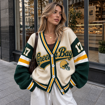 Custom Green Bay Varsity Football Game Day Knit Cardigan – Personalized Number