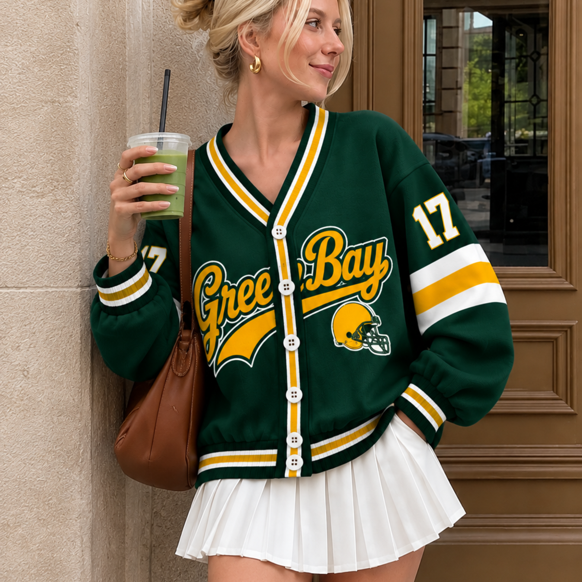 Custom Green Bay Varsity Football Game Day Knit Cardigan – Personalized Number