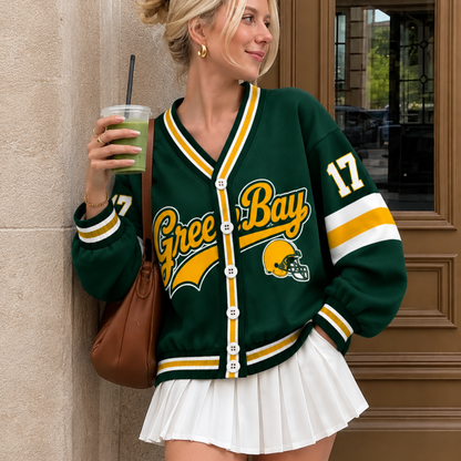 Custom Green Bay Varsity Football Game Day Knit Cardigan – Personalized Number
