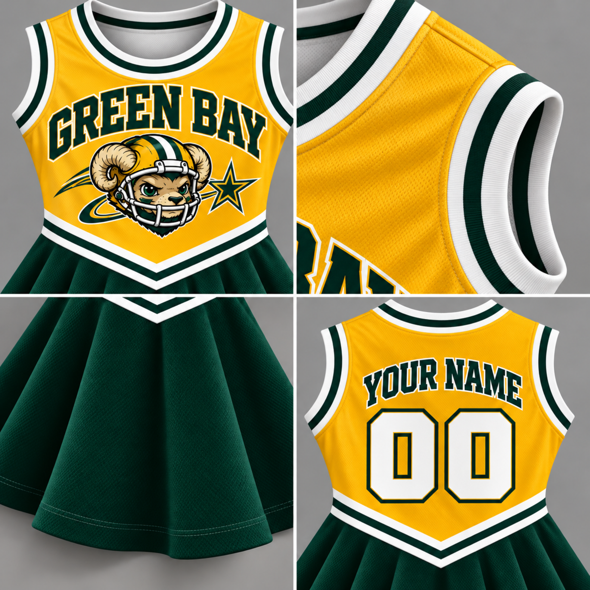 Green Bay-Inspired Kids Custom Football Cheer Dress – Personalized Name & Number