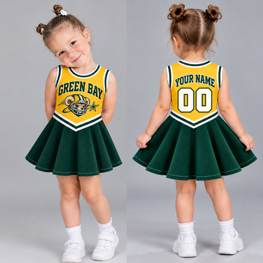 Green Bay-Inspired Kids Custom Football Cheer Dress – Personalized Name & Number