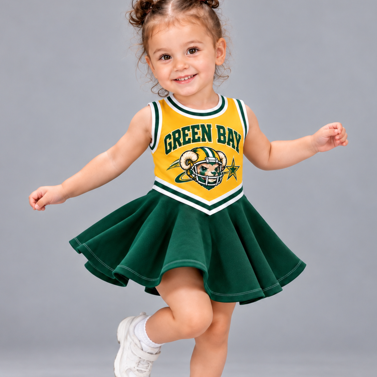 Green Bay-Inspired Kids Custom Football Cheer Dress – Personalized Name & Number