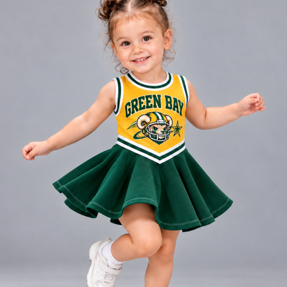 Green Bay-Inspired Kids Custom Football Cheer Dress – Personalized Name & Number