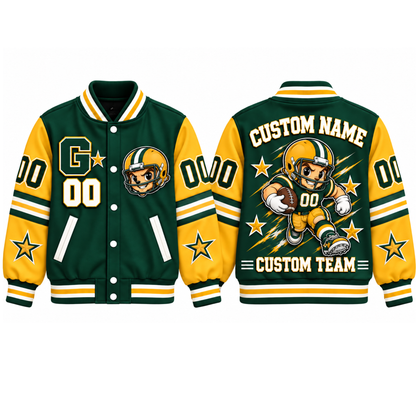 Green Bay-Inspired Kids Custom Football Varsity Jacket – Personalized Name & Number