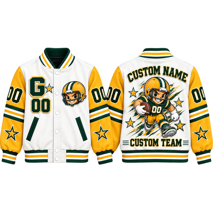 Green Bay-Inspired Kids Custom Football Varsity Jacket – Personalized Name & Number