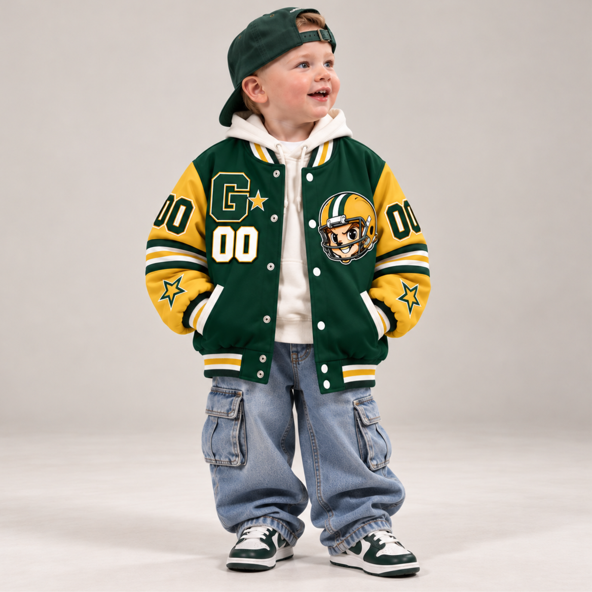 Green Bay-Inspired Kids Custom Football Varsity Jacket – Personalized Name & Number